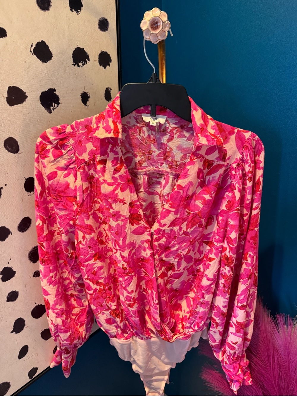 entro Pink Floral Wrap-Front Bodysuit